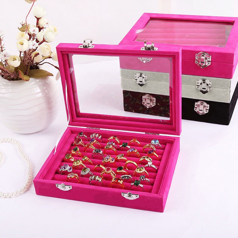 Hộp đựng trưng bày trang sức vải nhung nắp kính