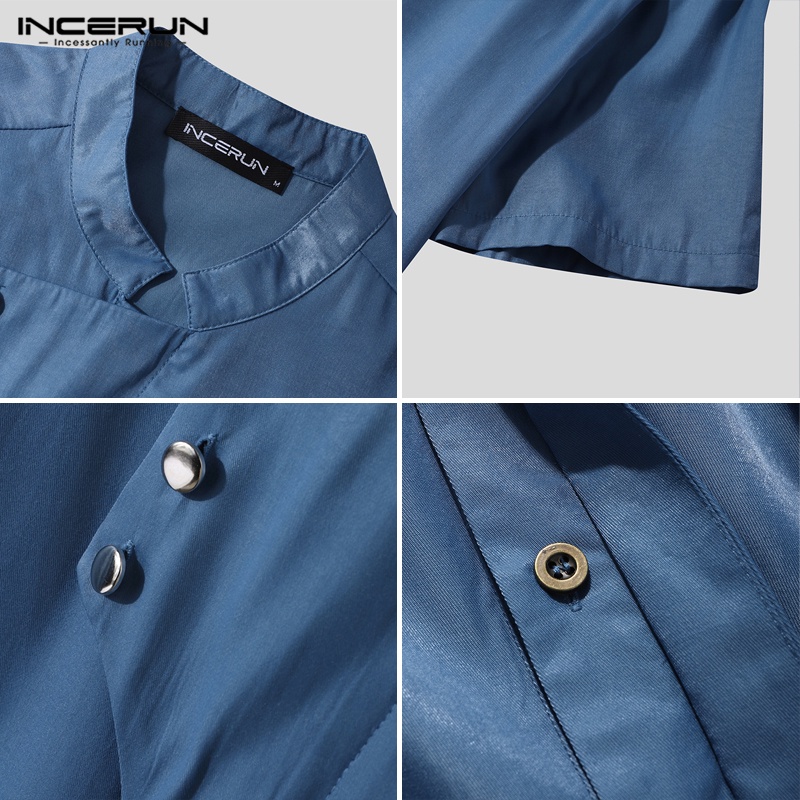 INCERUN Áo Sơ Mi Tay Ngắn Màu Trơn Phối Nút Thiết Kế Độc Đáo Thời Trang Cho Nam