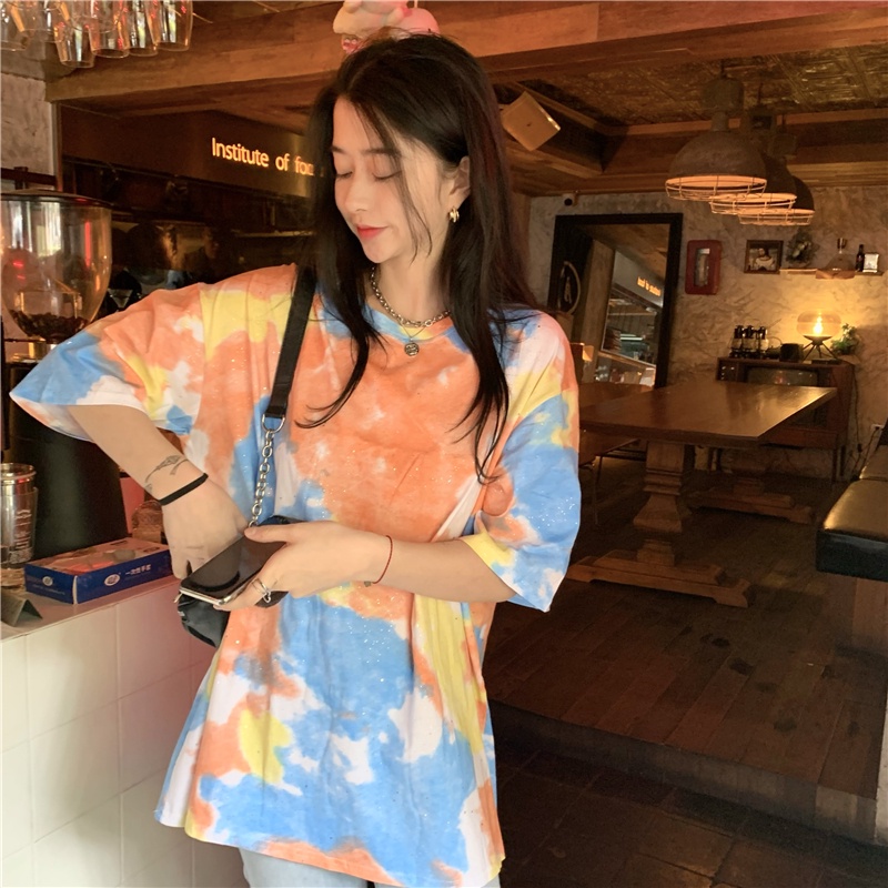 Áo Thun Tay Ngắn Dáng Rộng In Họa Tiết Màu Nhuộm Đính Sequin Thời Trang Mùa Hè Phong Cách Hàn Quốc Cho Nữ