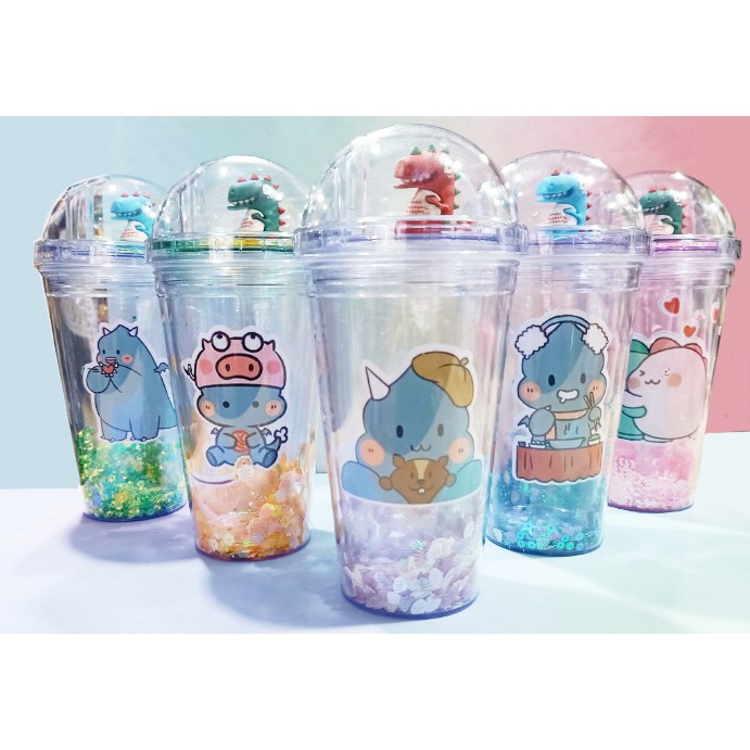 cốc 2 lớp kim tuyến khủng long nắp cầu CNCKI23 cốc giữ nhiệt ly 2 lớp nắp cầu cốc làm lạnh dễ thương 500ml