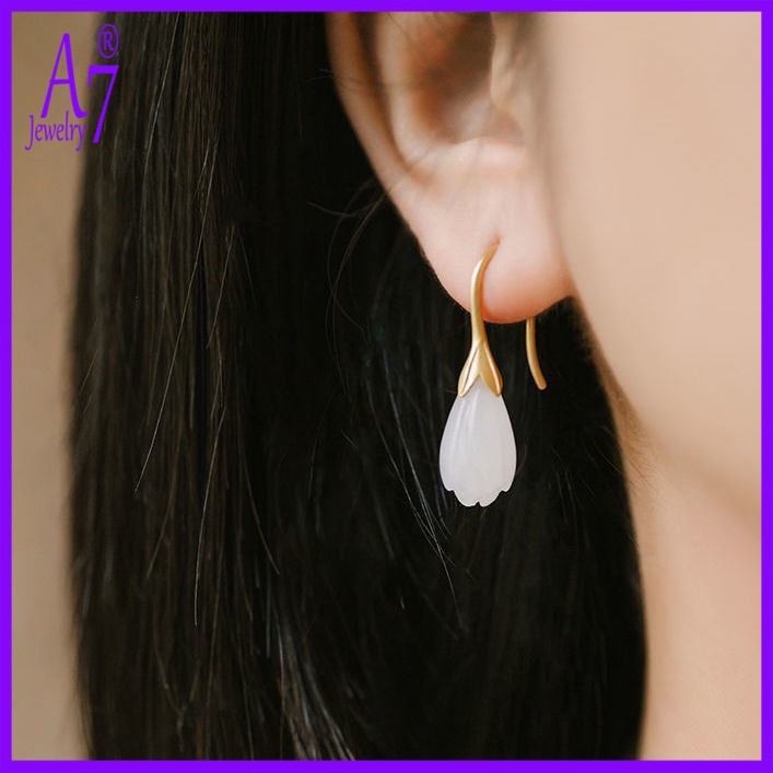 Bông Tai Mạ Bạc 925 Đính Đá Ngọc Bích Trắng/Vàng Kiểu Cổ Điển Sang Trọng