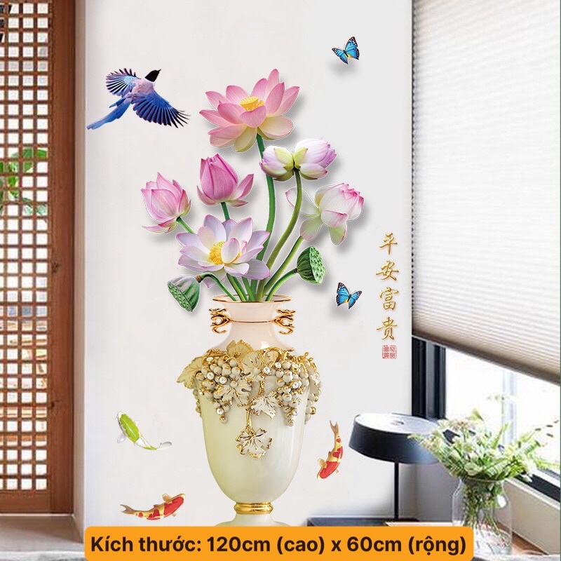 Decal dán tường,Tranh dán phòng khách hình bình hoa sen cỡ to.