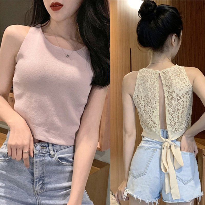 Áo sát nách phối ren hoa thiết kế hở lưng quyến rũ cho phái nữ