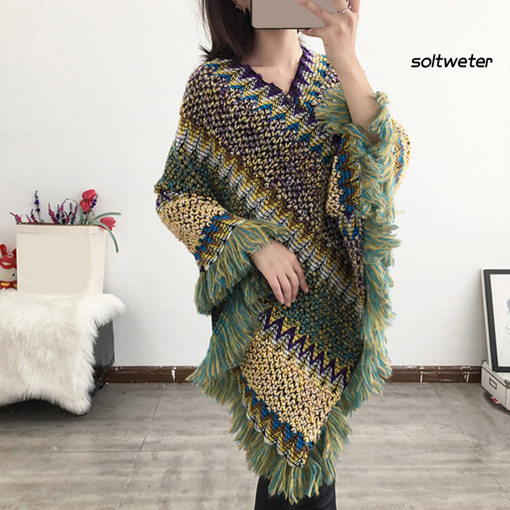 Áo choàng dệt kim cổ chữ V phối tua rua nhiều màu thời trang thu đông cho nữ