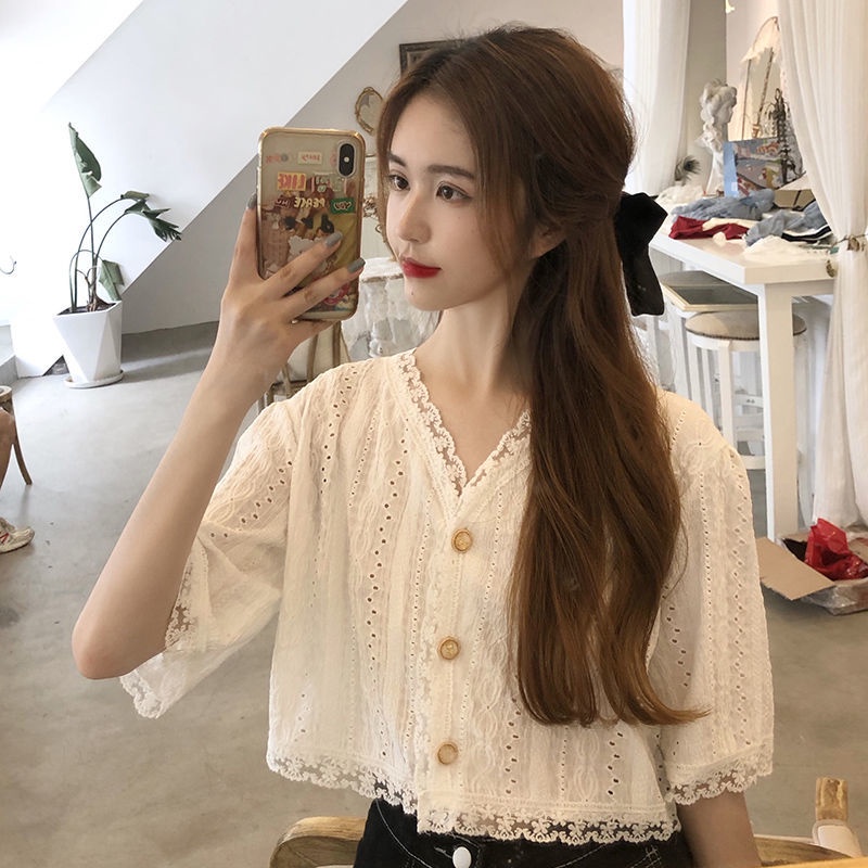 Áo Kiểu Cổ Chữ V Phối Ren Dáng Rộng Thời Trang Mùa Hè Cho Nữ