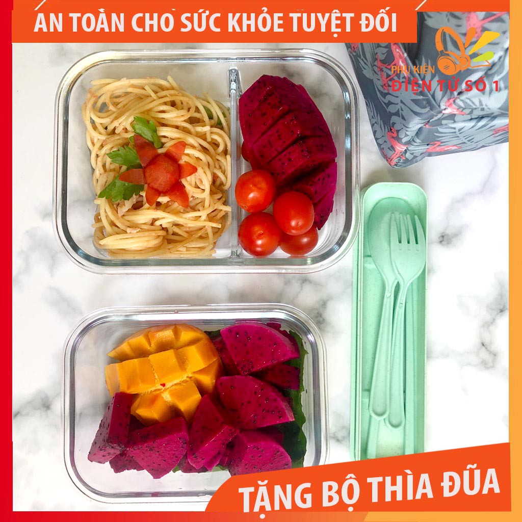 Bộ hộp cơm thuỷ tinh [ Tặng bộ đũa thìa + túi giữ nhiệt ] 1 hộp chia 2 ngăn và  1 hộp lớn 1 ngăn | BigBuy360 - bigbuy360.vn