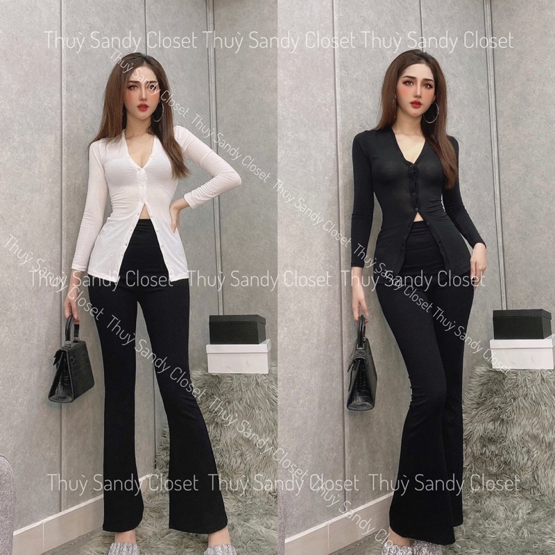 Set áo khuy chất mongtoghi, quần tăm ống loe siêu tôn dáng