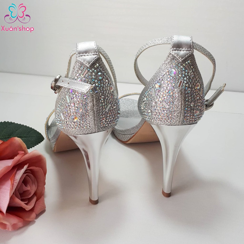 Giày Daphne quai ngang đính đá sang trọng, gót nhọn cao 10cm (size 38, 39)