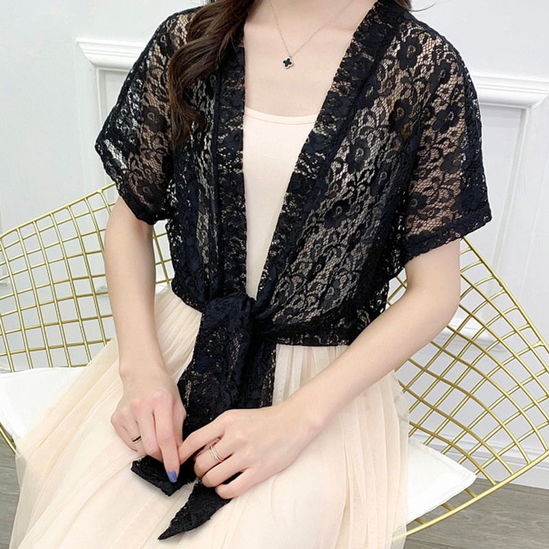 Brroa Áo Cardigan Ren Hoa Tay Ngắn Buộc Dây Phía Trước Cho Nữ
