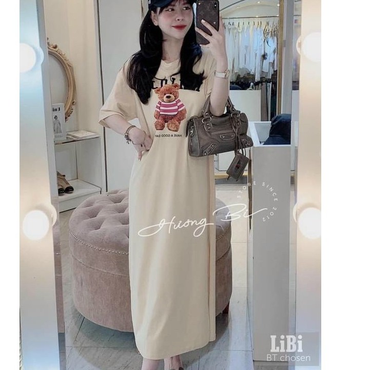 Đầm suông nữ, váy suông nữ cộc tay mùa hè in chú gấu hau màu cá tính