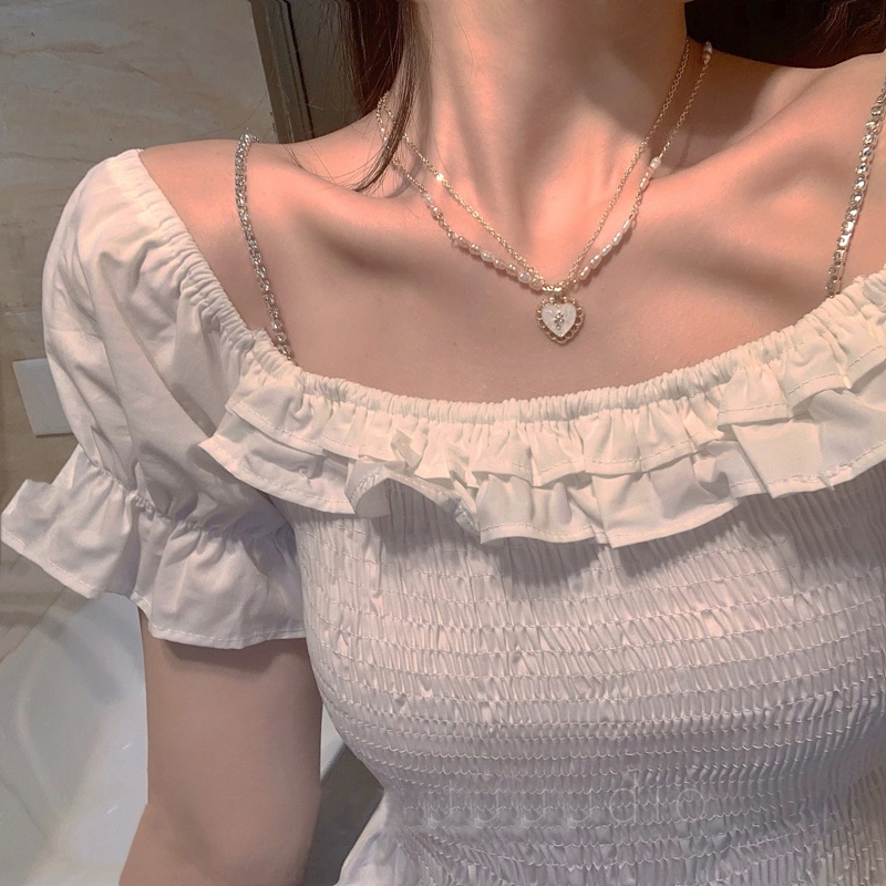 Dây chuyền nhiều lớp mặt trái tim đính ngọc trai giả phối rỗng phong cách Hàn Quốc thời trang cá tính dành cho nữ
