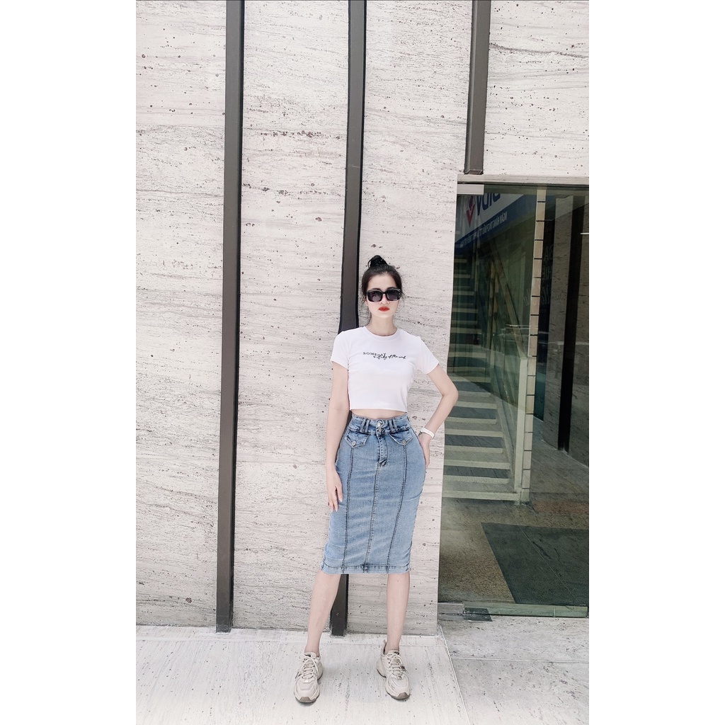 [TH Jeans] Váy bò trơn dáng dài qua gối, váy jeans lưng cao túi chéo phối gân, 2 khuy. Mã V0140 | BigBuy360 - bigbuy360.vn