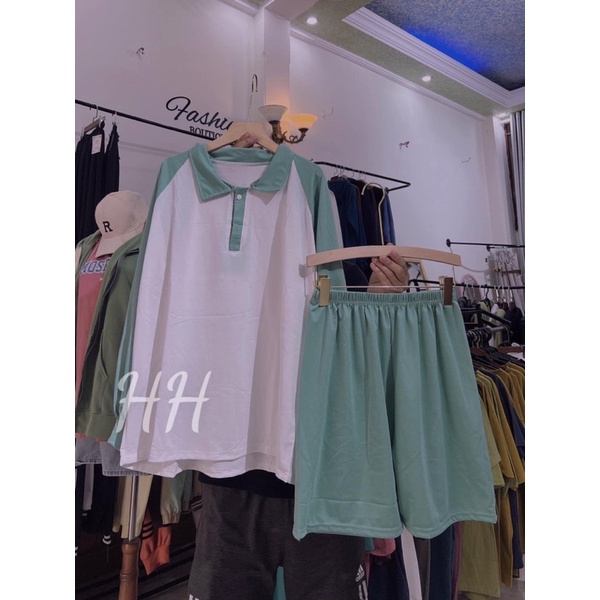 [Xa Kho] [Xa kho] Set Polo Nữ Form Rộng Phối Raplang , Bộ Thể Thao Tay Dài Áo Cổ Đức Tay Dài Kèm Quần Short Năng Động