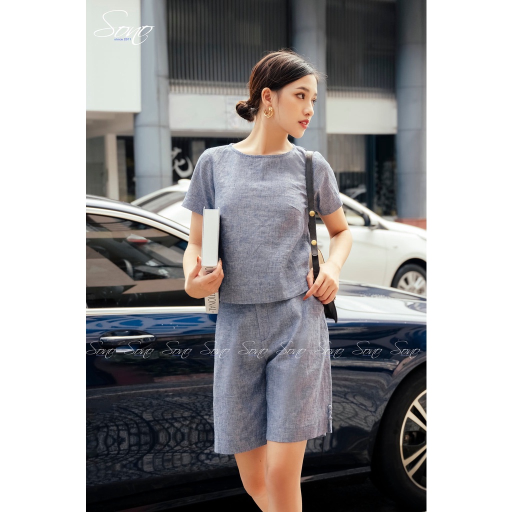 SONO - Set Short Lửng Xanh Jean Set Công Sở Chất Liệu Linen Cao Cấp