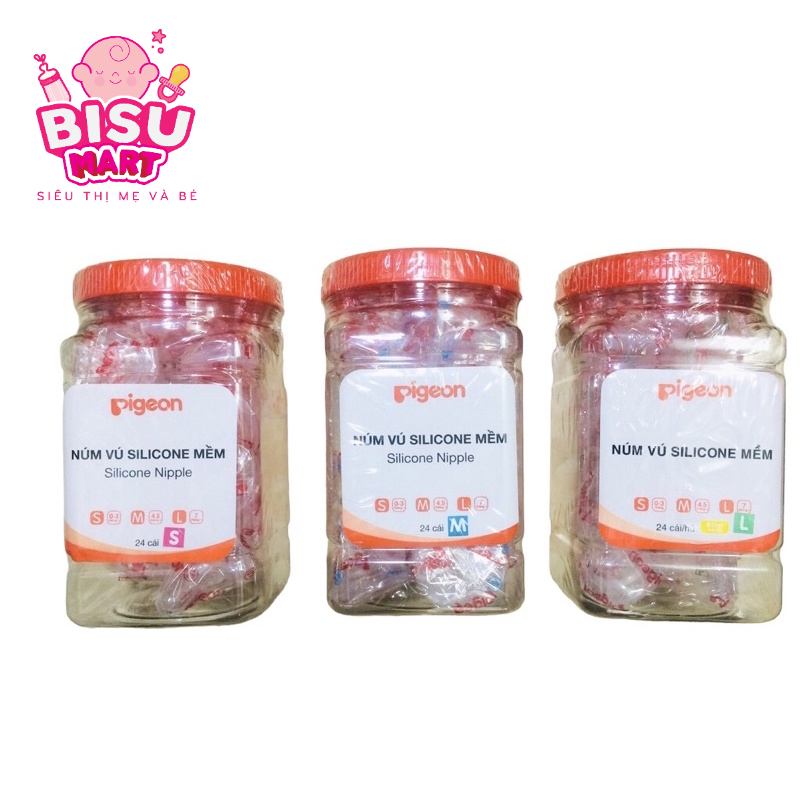 COMBO 3 Hộp núm vú cổ hẹp PIGEON silicon MỀM 24 CÁI/HỘP