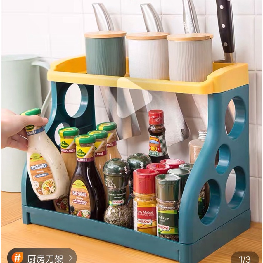 Kệ gia vị nhựa 2 tầng đa năng, khay đựng gia vị hai tầng 4 lỗ tròn – Hồng Kỳ