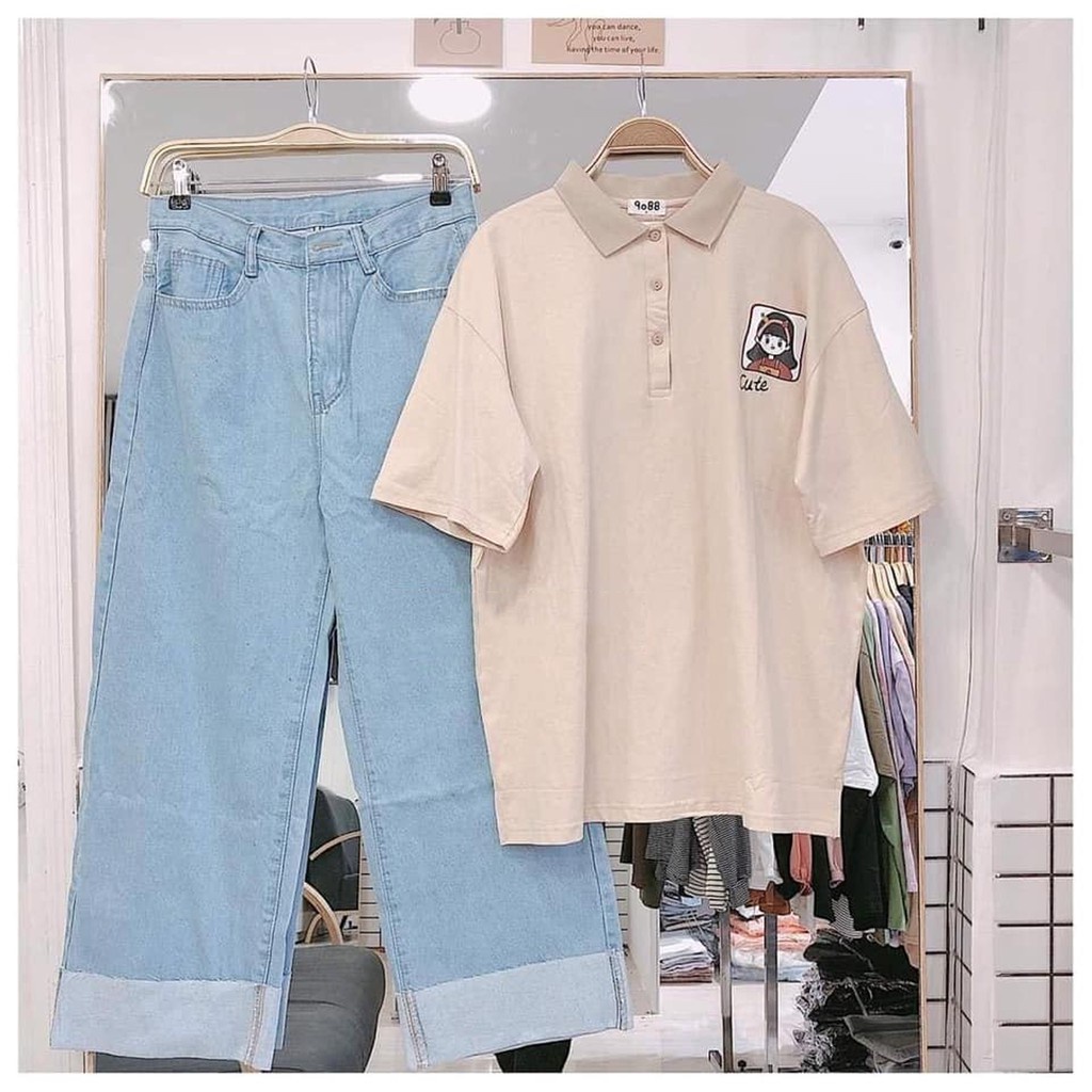 Áo thun POLO nữ tay lỡ có cổ phông form rộng freesize unisex mặc đi học, cặp, nhóm, lớp in hình CÔ GÁI chữ CUTE