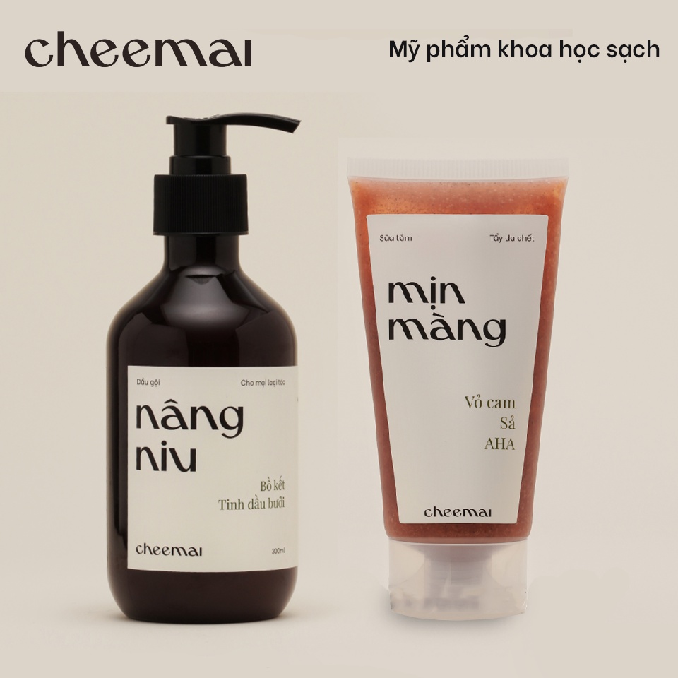Combo 2 sản phẩm Tắm - Gội tẩy da chết và chăm sóc tóc, dưỡng ẩm và phục hồi - Mịn Màng và Nâng Niu CHEEMAI Việt Nam
