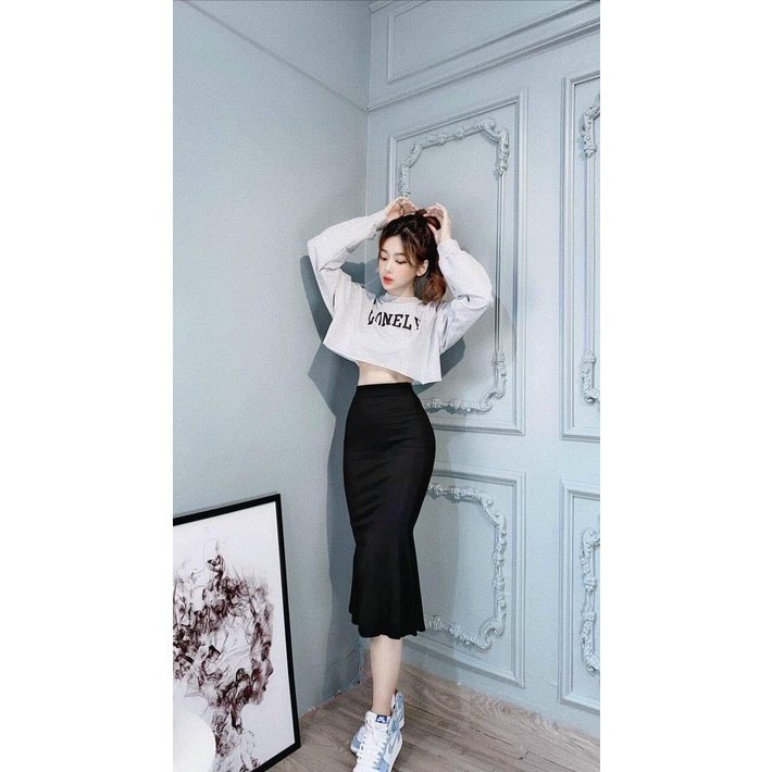 Chân váy đuôi cá cạp cao dáng dài chất tuyết mưa màu đen