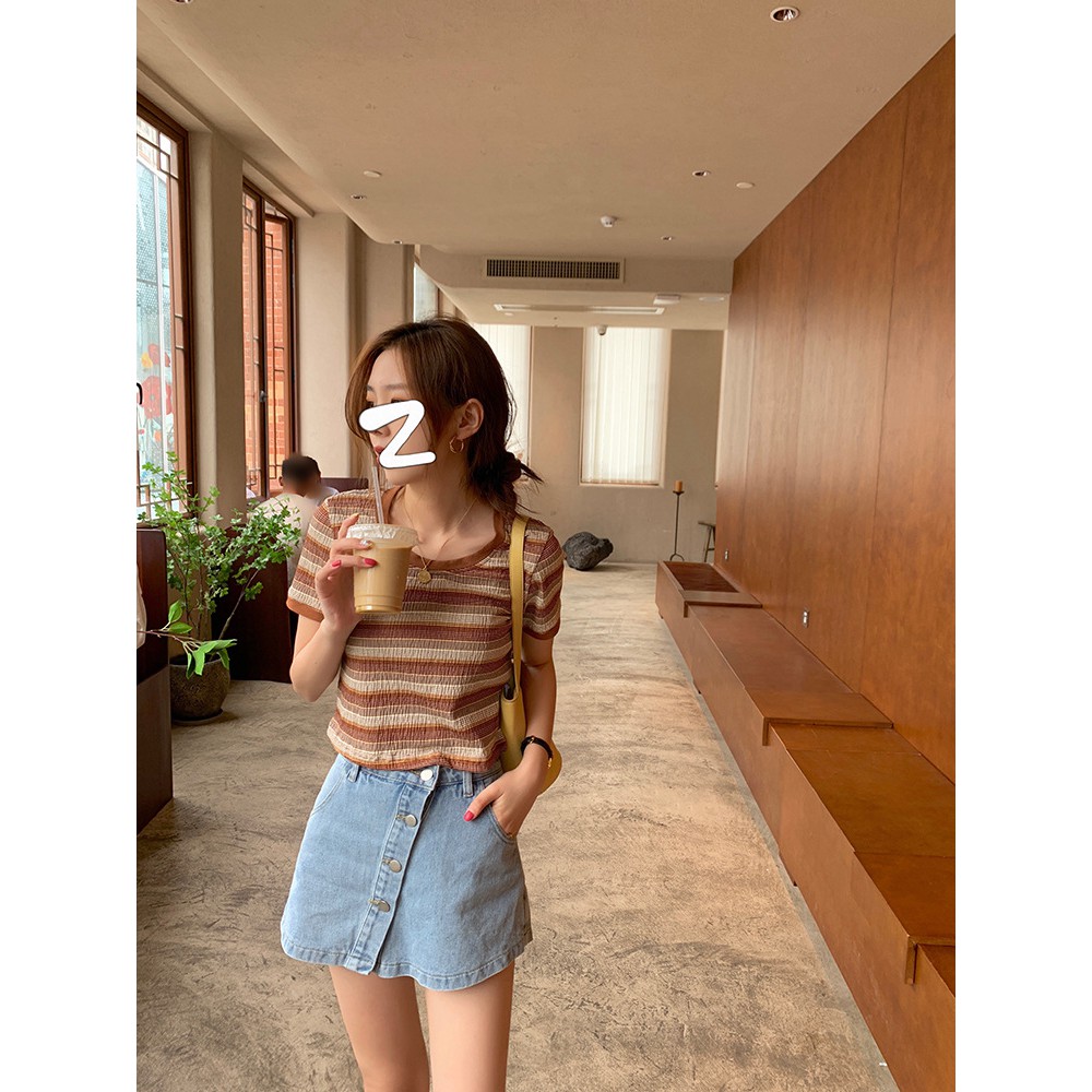 Áo Thun croptop form rộng Hàn Quốc Áo croptop Kẻ ngang tay ngắn chất Cotton