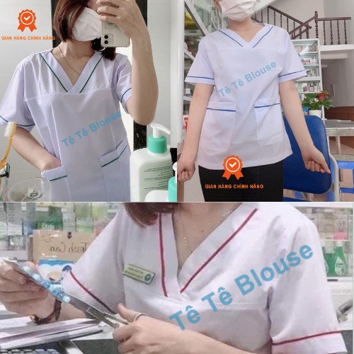 Bộ blu cổ tim có viền nam nữ cộc tay, bộ scrubs kỹ thuật viên cho điều dưỡng, dược sỹ, y tá, bác sĩ (có 3 màu lựa chọn)