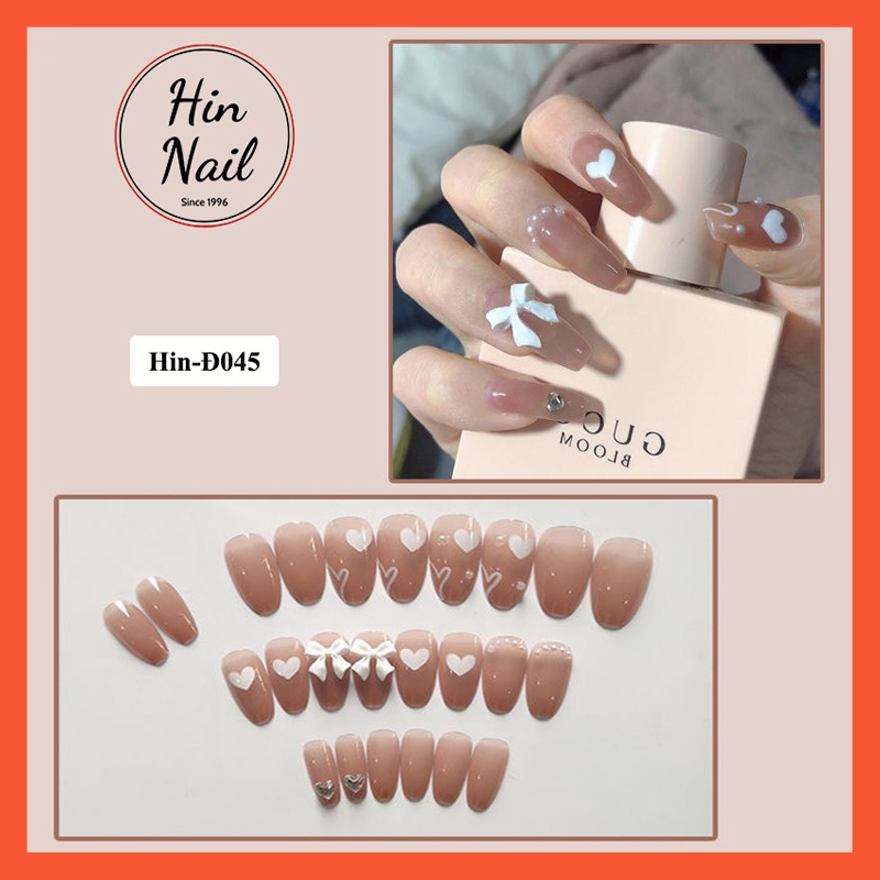 móng giả đính đá Hin Nail nơ trắng trái tim nữ tính