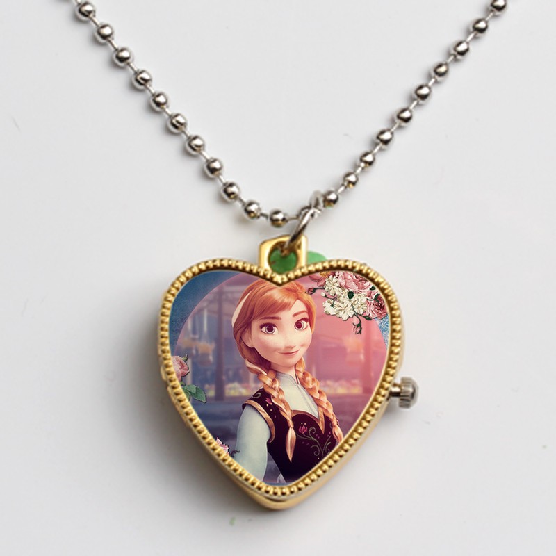 ℗☌Children heart girl ice colors fashion flip quartz pocket watch necklace gift chain insert