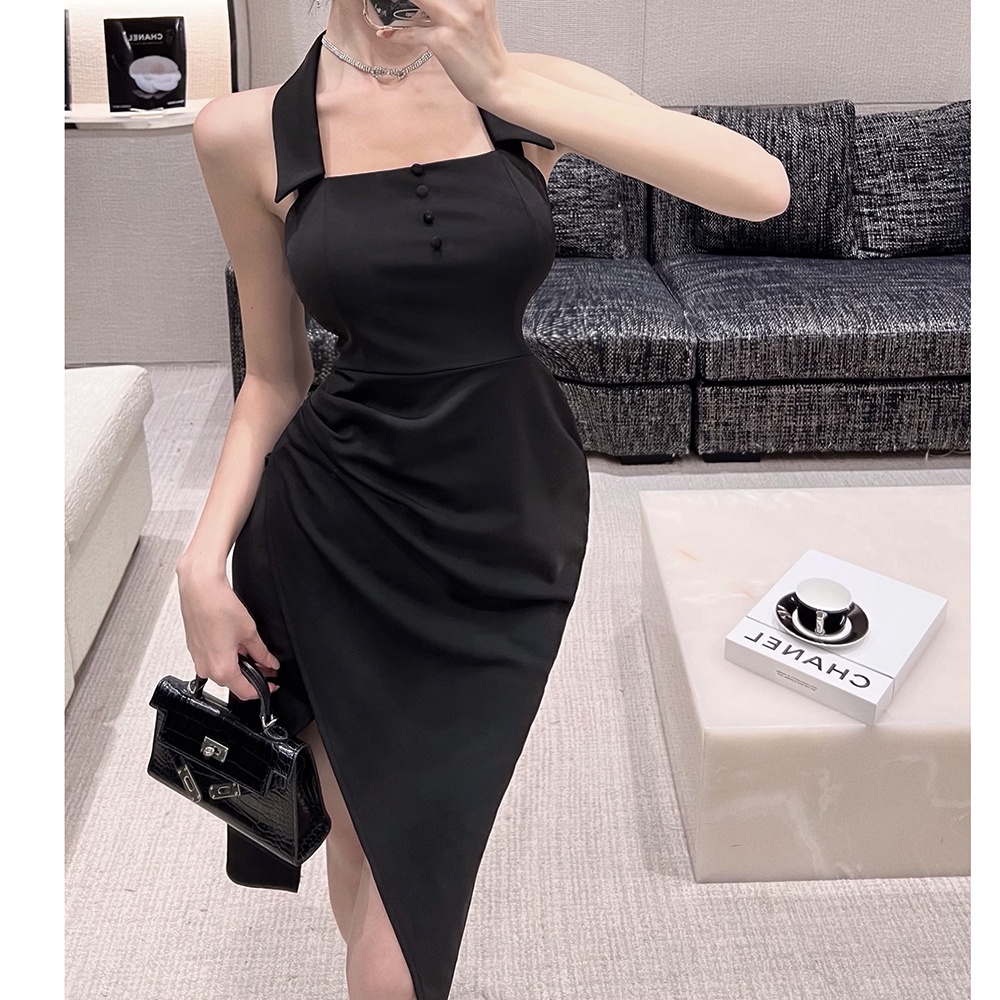 Đầm Hai Dây Dáng Ôm Màu Đen Cài Nút Phong Cách Thời Trang Pháp Dành Cho Nữ