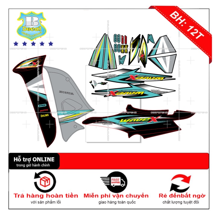 ( Quí khách vui lòng mang ra tiệm cho thợ dán ) Tem wave X 2016 xanh đen new