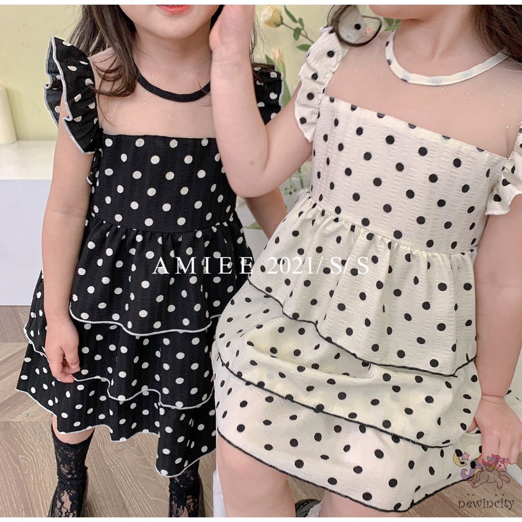 Đầm Công Chúa Không Tay Họa Tiết Chấm Bi Phối Bèo Phong Cách Hàn Quốc Cho Bé Gái