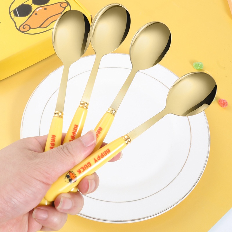 Hộp 6 chiếc thìa ăn cho bé, muỗng ăn đồ tráng miệng bằng thép không gỉ màu vàng hình vịt nhỏ
