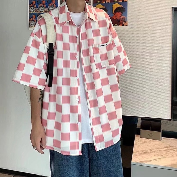 Áo Sơ Mi Caro Tay Ngắn Màu Trắng Đen Phong Cách Hàn Quốc Thời Trang Cho Nam