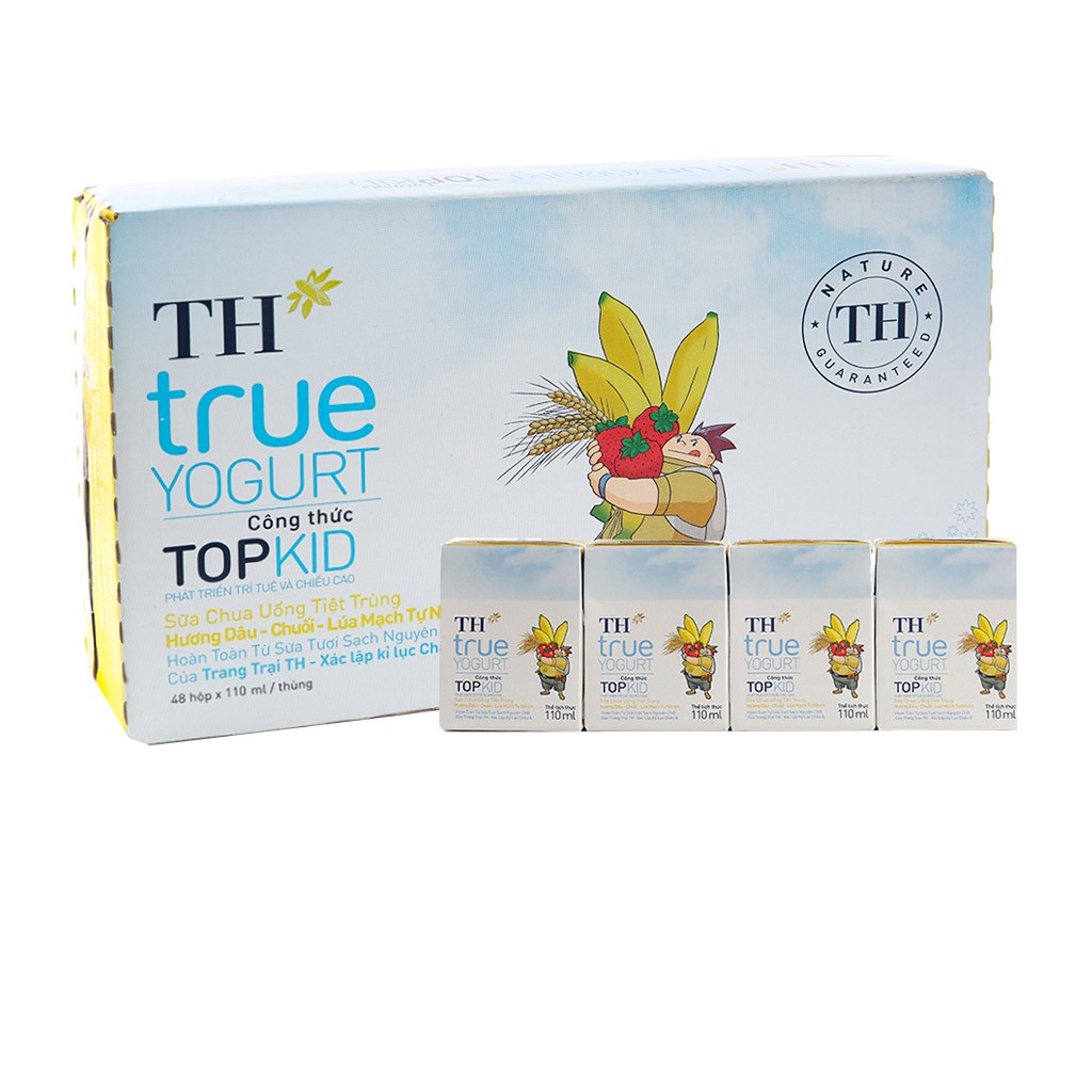 [CHÍNH HÃNG] Sữa Chua Uống Tiệt Trùng TH True Yogurt TopKid Hương Dâu - Chuối - Lúa Mạch Tự Nhiên Thùng 48 Hộp x 110ml