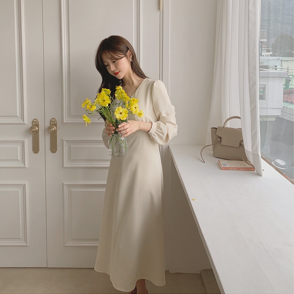 Đầm midi SUXI dài tay cổ chữ V đơn giản thời trang mùa hè cho nữ