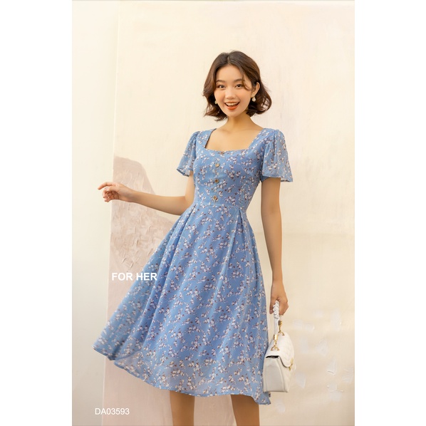 Đầm cổ vuông hoa nhí phong cách vintage dáng dài DA0359 - DA0344