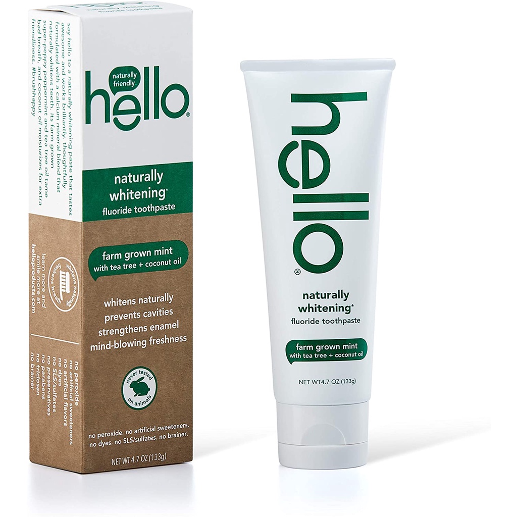 KEM ĐÁNH RĂNG DẦU DỪA &amp; BẠC HÀ - TRẮNG BÓNG Hello Oral Care Naturally Whitening Fluoride Toothpaste, 133g