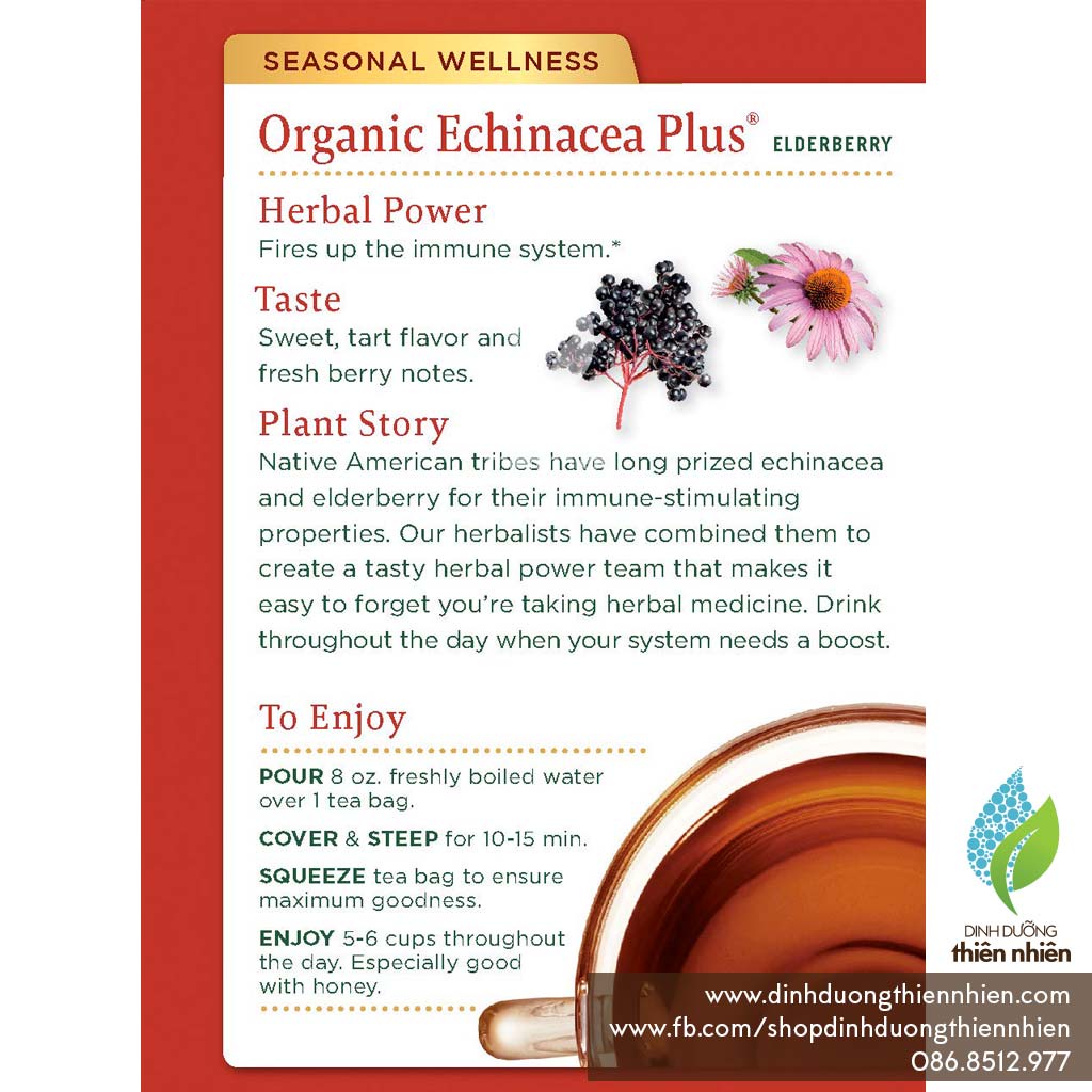 Trà Hữu Cơ Thảo Mộc Echinacea & Quả Cơm Cháy Traditional Medicinals Echinacea Plus Elderberry, Hỗ Trợ Hệ Miễn Dịch