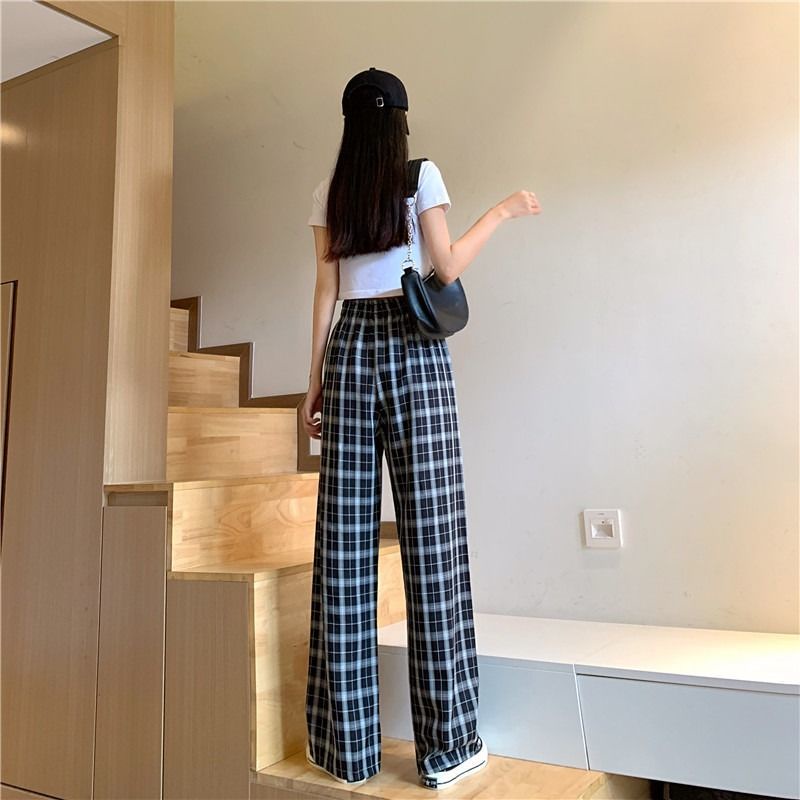 Quần Dài Ống Rộng Họa Tiết Sọc Caro Màu Tương Phản Thời Trang Phong Cách Hàn Quốc Size S-4xl