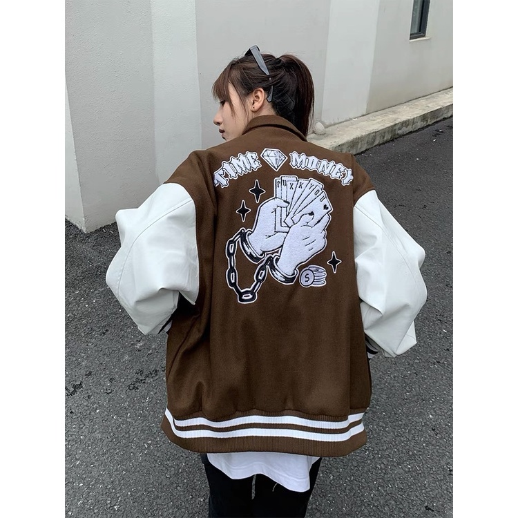℗áo bomber varsity tay da form rộng unisex,áo khoác màu nâu bóng chày hoạ tiết thêu hot 2021