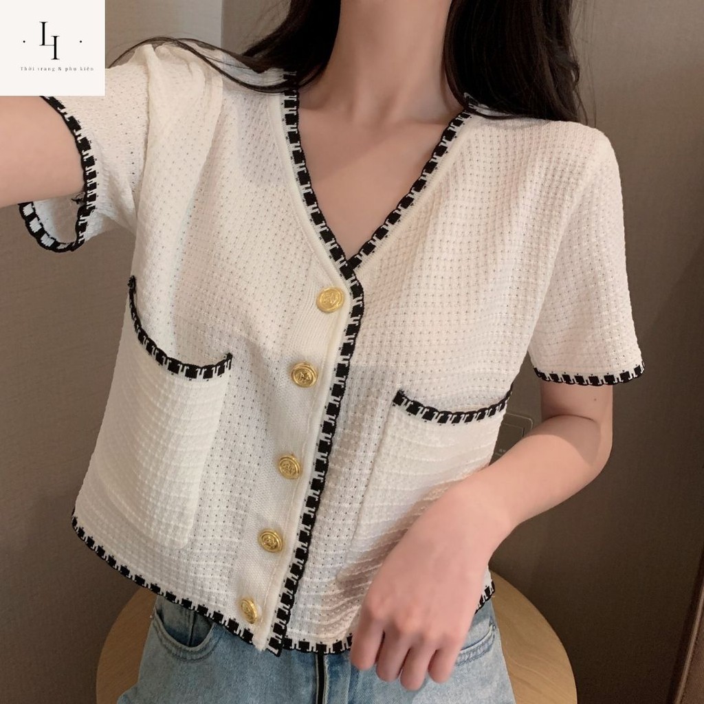 Áo cardigan nữ kiểu croptop dệt kim len mỏng tay ngắn cổ tim chữ V hở eo phong cách thời trang Hàn Quốc cá tính Liaoshop | BigBuy360 - bigbuy360.vn