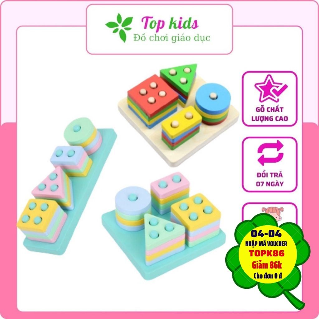 Đồ chơi gỗ montessori đồ chơi thông minh trí tuệ bộ thả hình khối 4 trụ cho bé trai bé gái - TOPKIDS