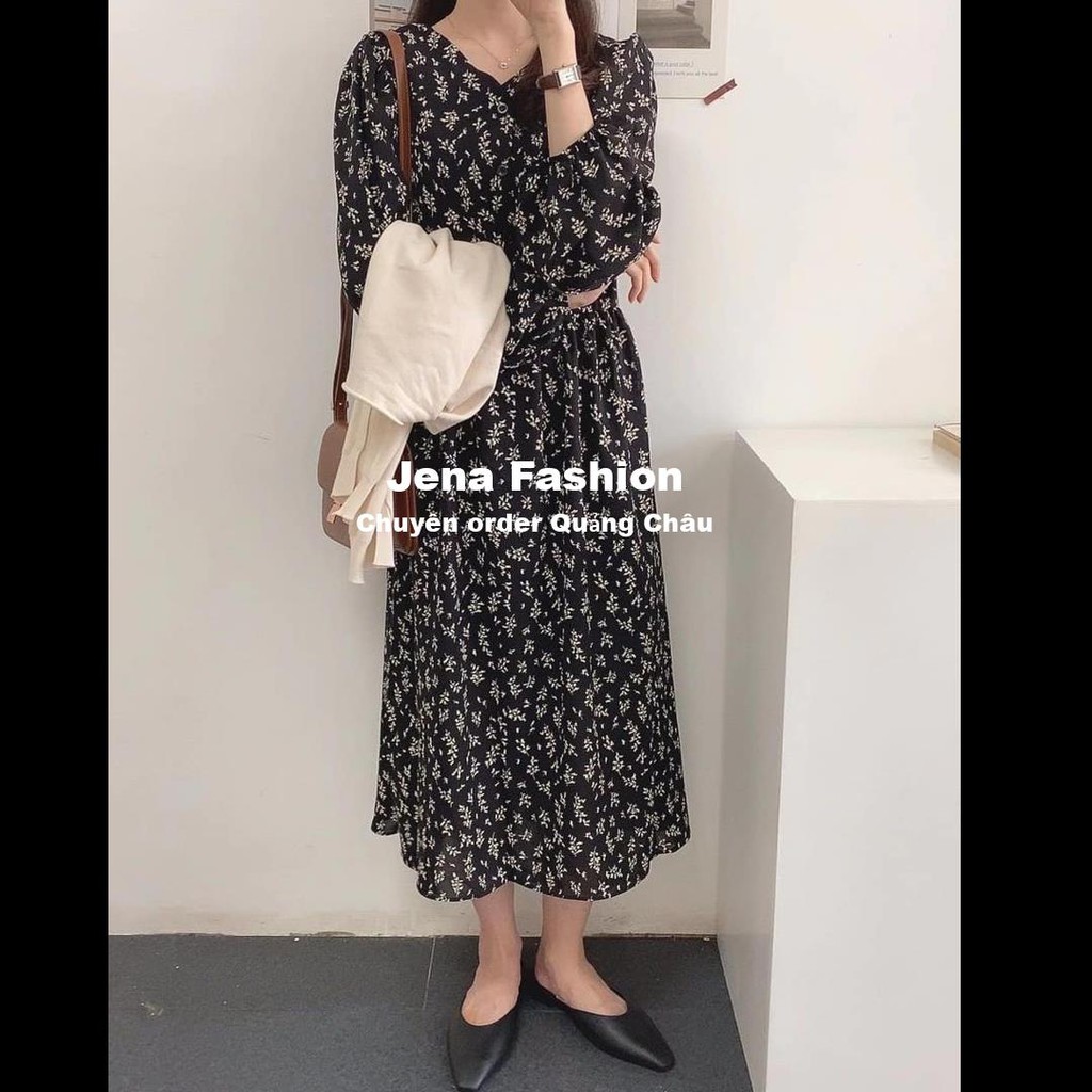 Váy hoa nhí Quảng Châu dáng dài 2 lớp, thắt nơ eo hoạ tiết cỏ vintage hàng chất lượng cao- Jena Fashion | BigBuy360 - bigbuy360.vn