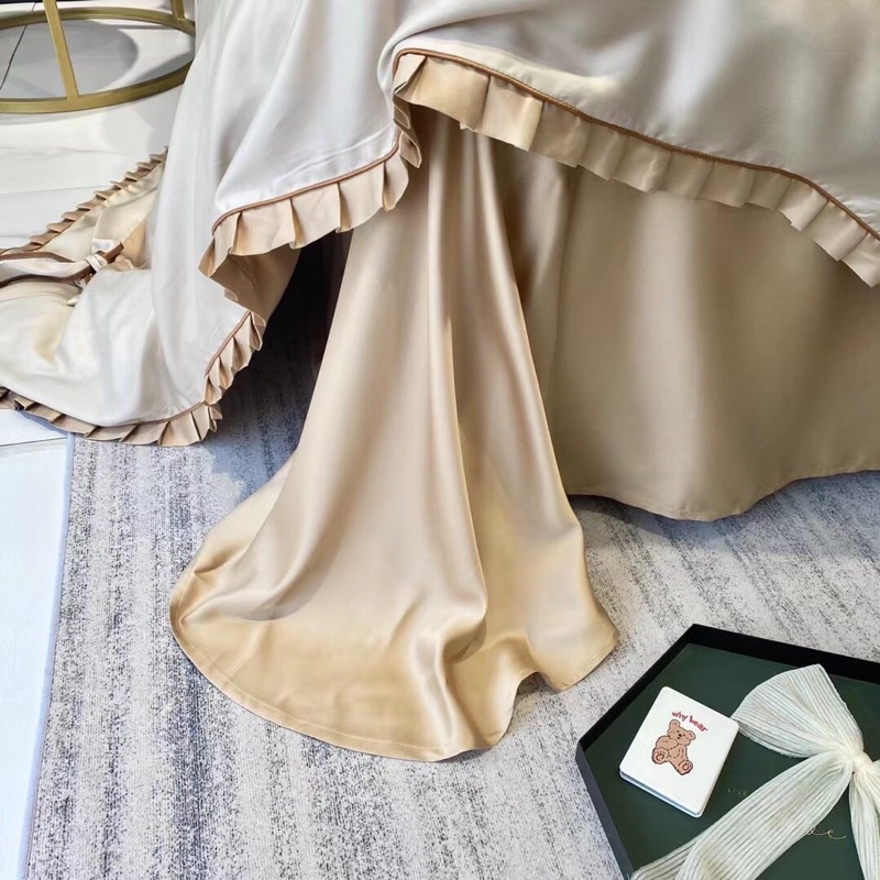 Chăn ga gối Lụa cưới Weeding thêu 100s trái tim vàng