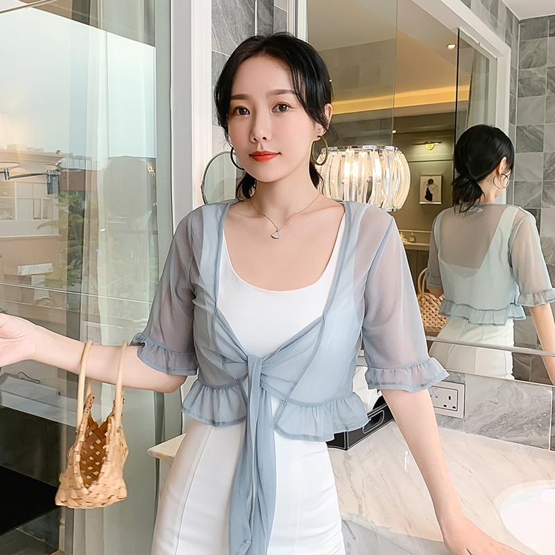 Áo khoác voan viền bèo nơ trước siêu xinh | BigBuy360 - bigbuy360.vn