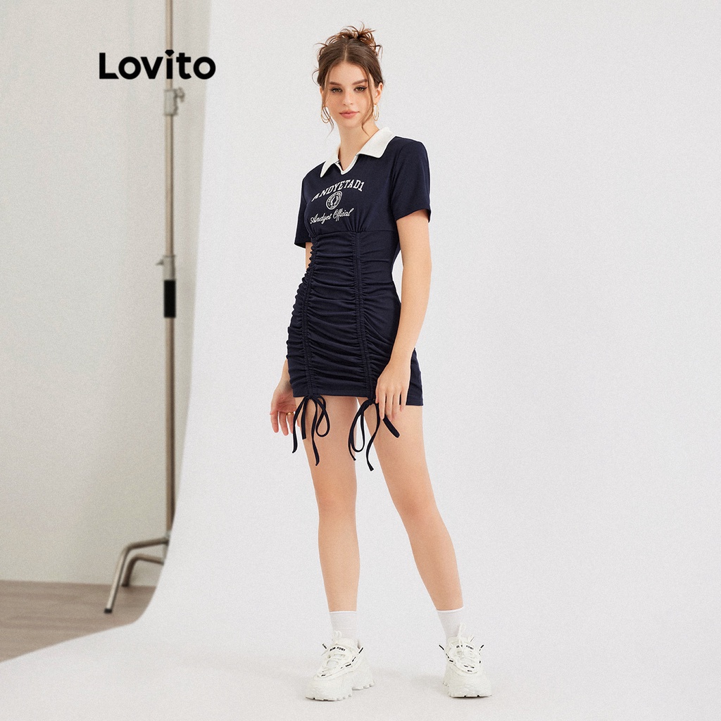 Đầm Lovito phong cách thường ngày in chữ có cổ dây rút ôm dáng L30ED052 (xanh lam navy)