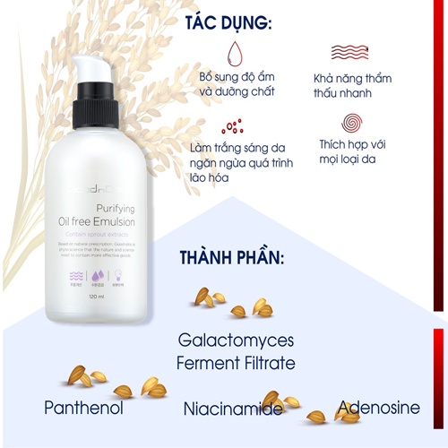 Sữa dưỡng, tinh chất dưỡng trắng làm sáng da giảm vết nhăn, mờ thâm nám, dưỡng ẩm GoodnDoc Purifying Oil Free Emulsion