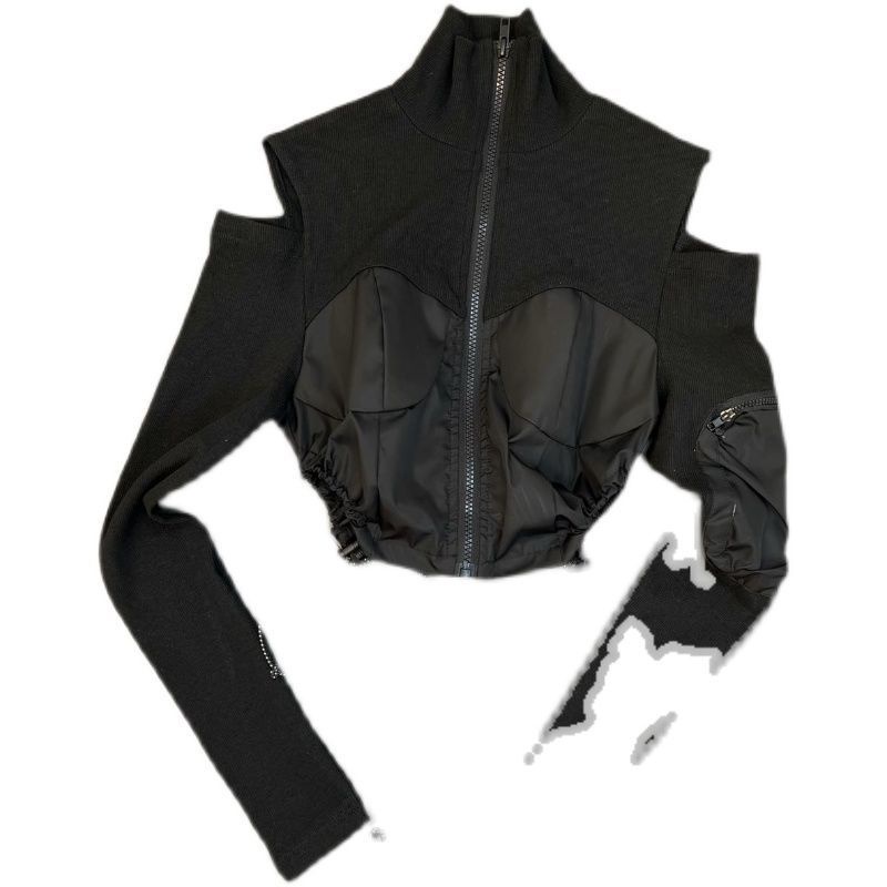 In the spring of 2022, the collar shoulder-exposed long sleeve pocket bag is decorated with drawstring and cool street shirts.