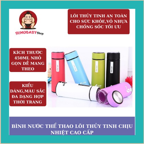 Bình nước thể thao lõi thủy tinh bọc nhựa ngoài, chịu nhiệt màu sắc cute