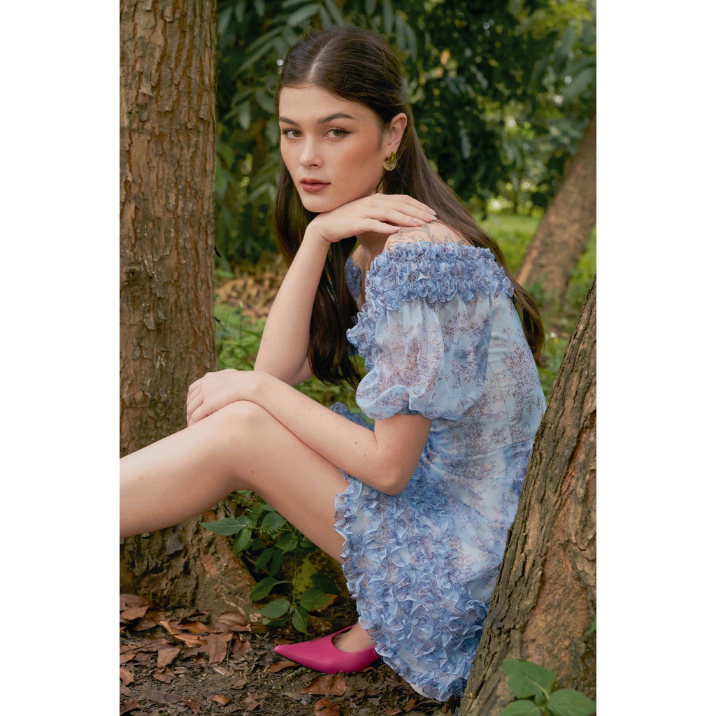 SÒ VINTAGE - FANSY Đầm hoa bẹt vai nhún bèo | BigBuy360 - bigbuy360.vn