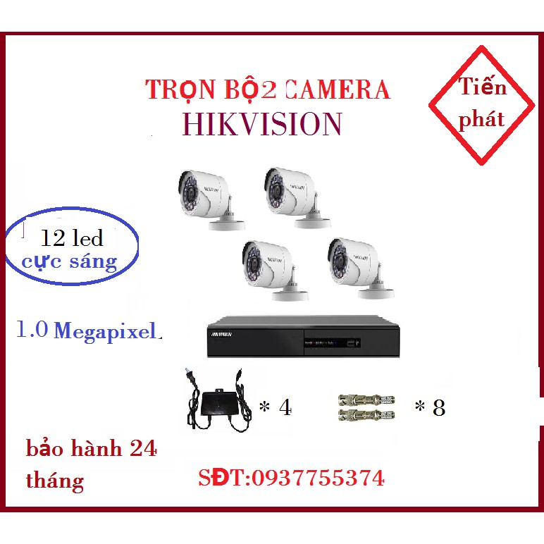 TRỌN BỘ 4 CAMERA HIKVISION ( 1đầu ghi hình + 4 camera ds-16cot-irp+ 4 nguồn camera+ 8 bộ jack khóa+ 1 hdd 500gb)